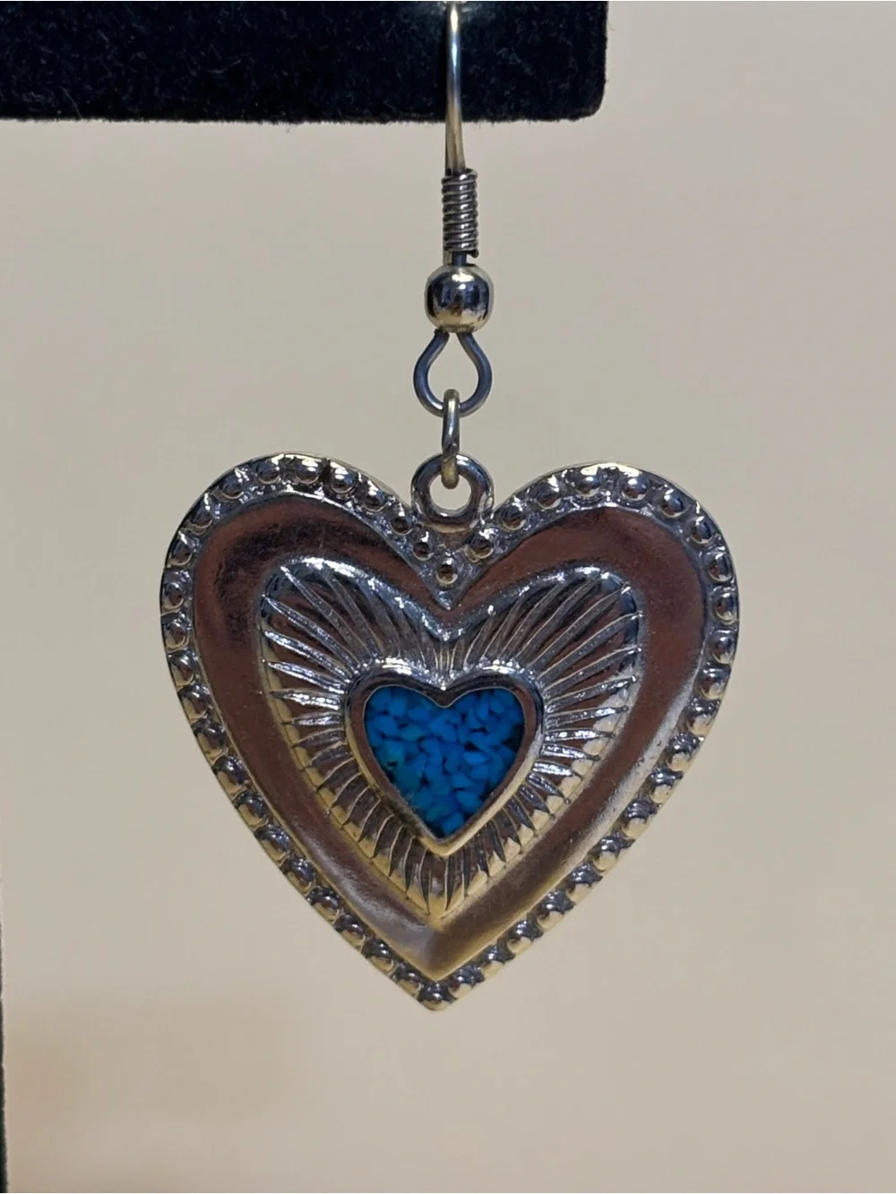 Silver Heart Dangle Earrings with Blue Accent 1-1/8”